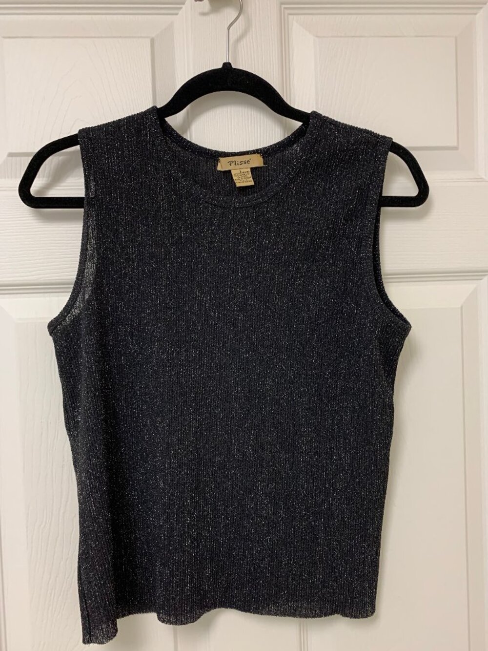 Plisse Womens Top Black Silver Metallic Shimmer Glitter Ribbed Sleeveless Y2K